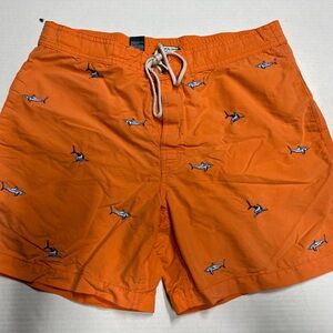Vintage Ralph Lauren Orange Swim Trunks with Shark Design (small)